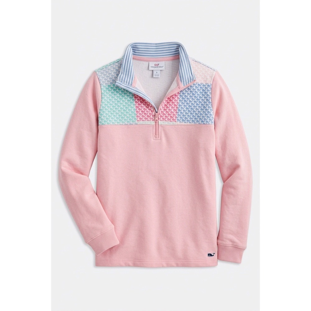 Vineyard Vines for Target Kids Pink Patchwork Whale Quarter Zip Pullover Sz M7/8